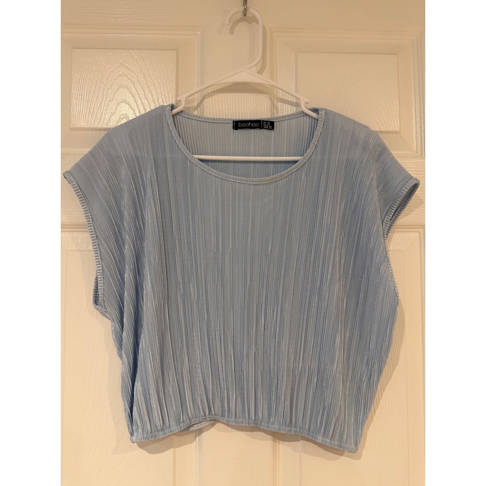 Boohoo Women Blue Plisse Pleated Cap Sleeve Crop Top Size US 14 UK 18